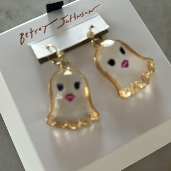 BETSEY JOHNSON Halloween Clear Beveled Gold-Trimmed Girly Ghost
Earrings NEW NWT - Picture 2 of 3